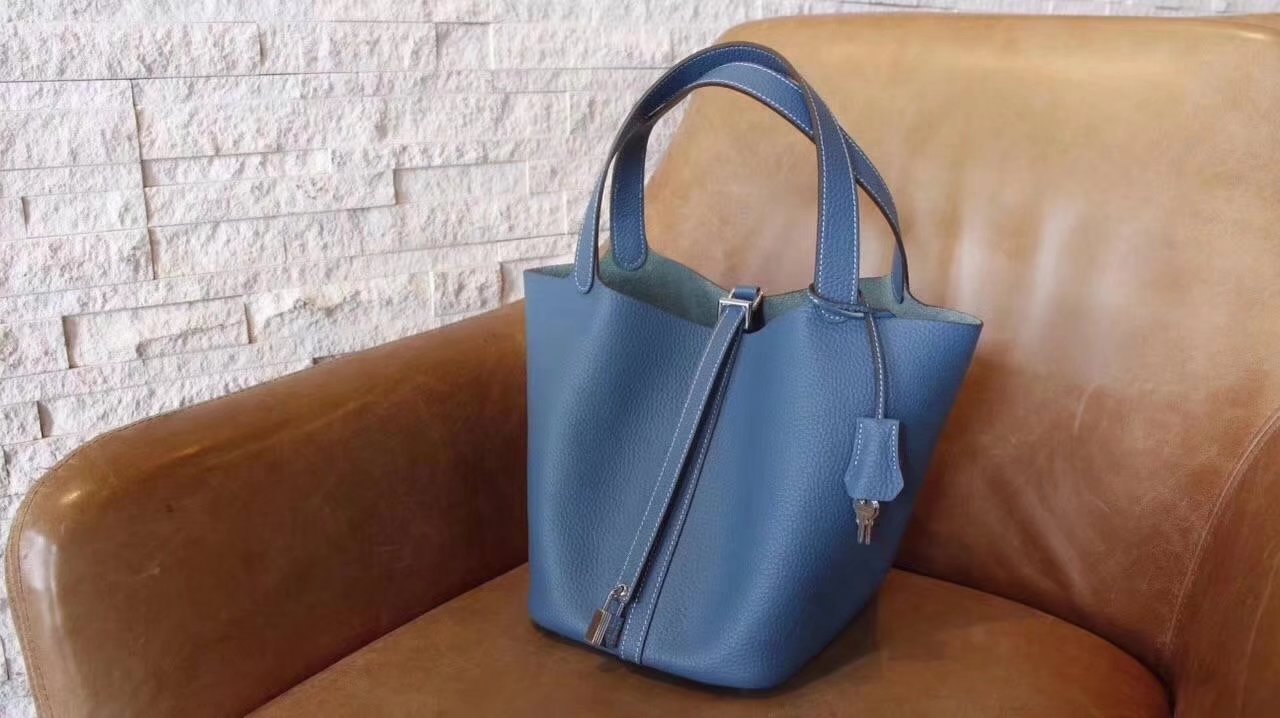 Hermes Picotin Lock Silver Leather Bag Light Blue