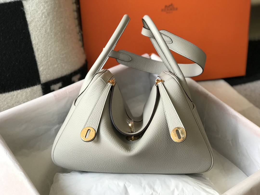 Original Copy Hermes Lindy Handbag Calfskin Light Gray with Gold and Sliver Hardware