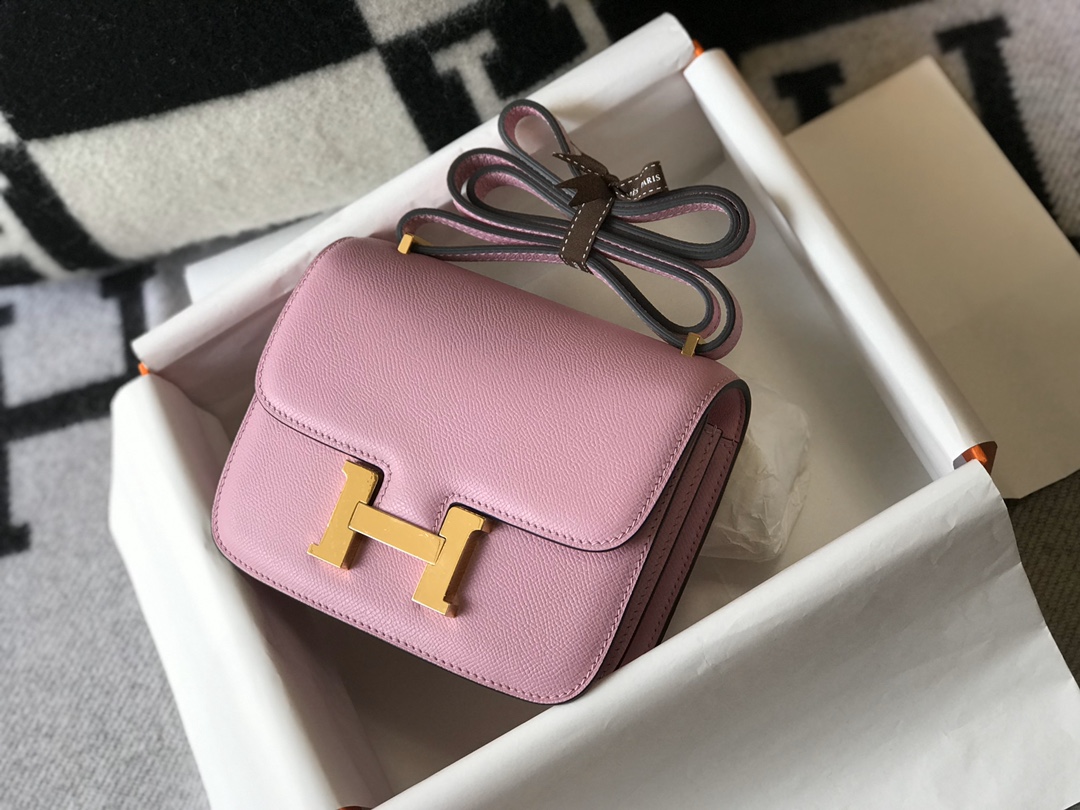 Replica Hermes Constance Bag Epsom Leather Pink Wiht Gold 19cm and 23cm