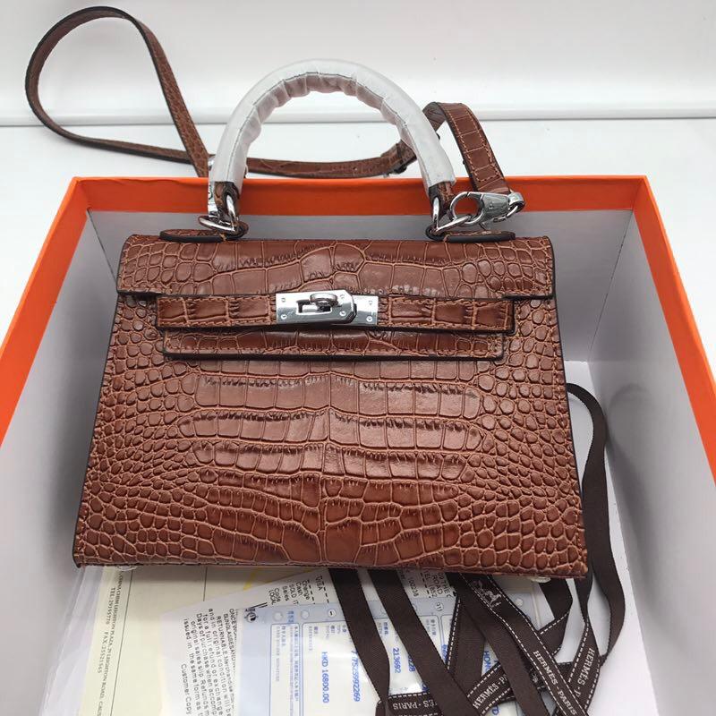 Hermes 22cm Kelly Bag Crocodile Stripe Handbag Coffee With Silver