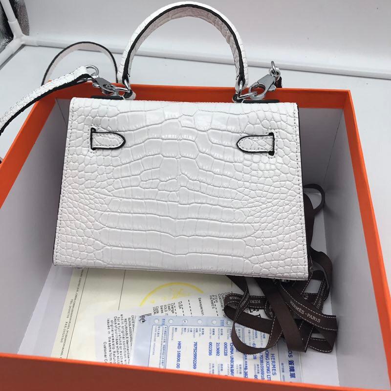 Hermes 22cm Kelly Bag Crocodile Stripe Handbag White With Silver 