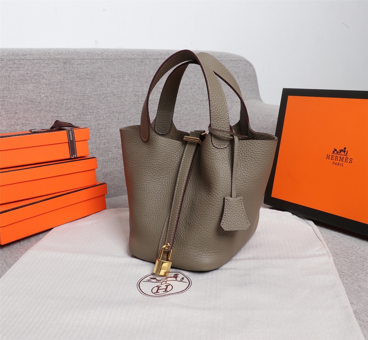Replica Hermes Picotin Lock Bag 18cm and 22cm Elephant Grey with Gold Hardware
