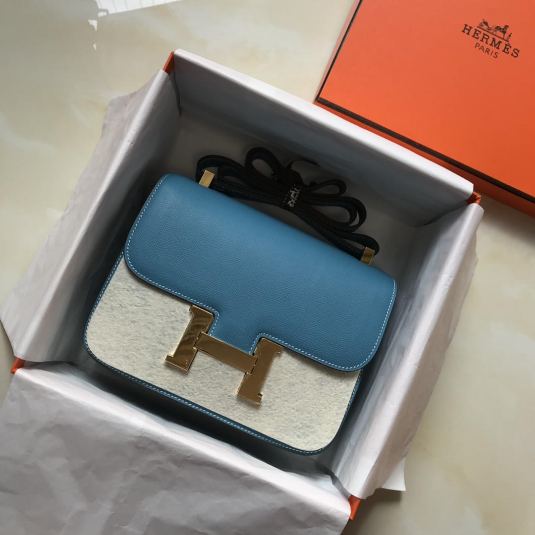 Original Copy Hermes Constance Shoulder Bag Light Blue With Gold 23cm and 18cm