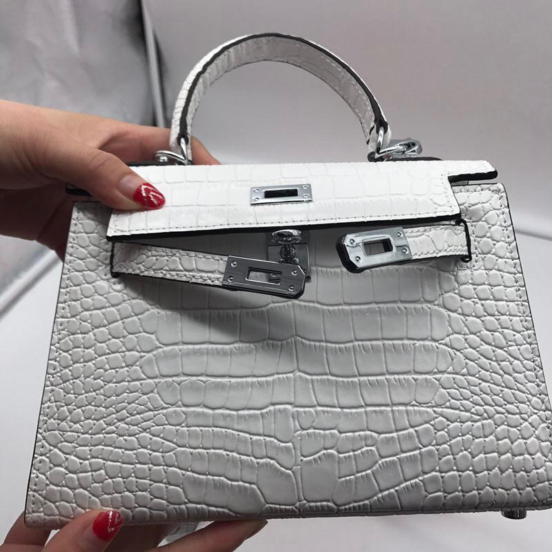 Hermes 22cm Kelly Bag Crocodile Stripe Handbag White With Silver 