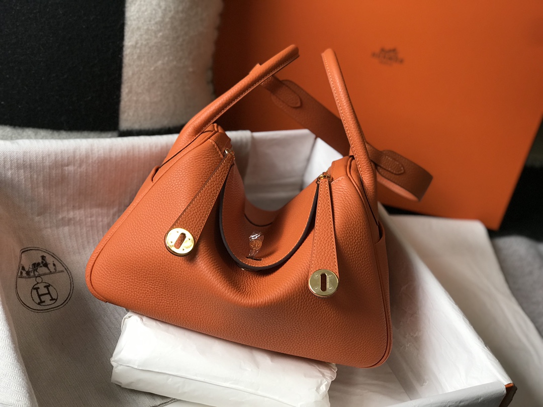 Original Copy Hermes Lindy Handbag Calfskin Orange with Gold and Sliver Hardware
