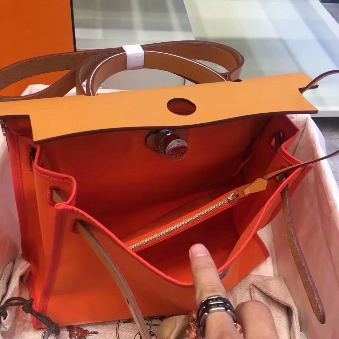 Top Replica Hermes Herbag 31cm Burgundy Canvas Bag Orange and Coffee