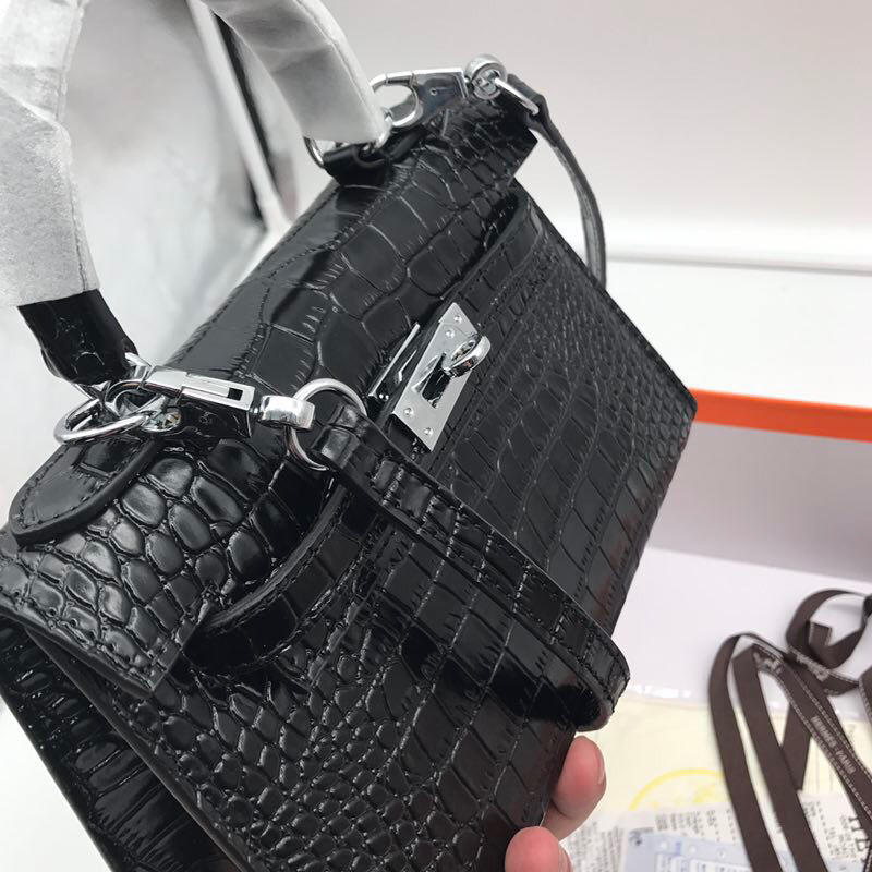 Hermes 22cm Kelly Bag Crocodile Stripe Handbag Black With Silver 