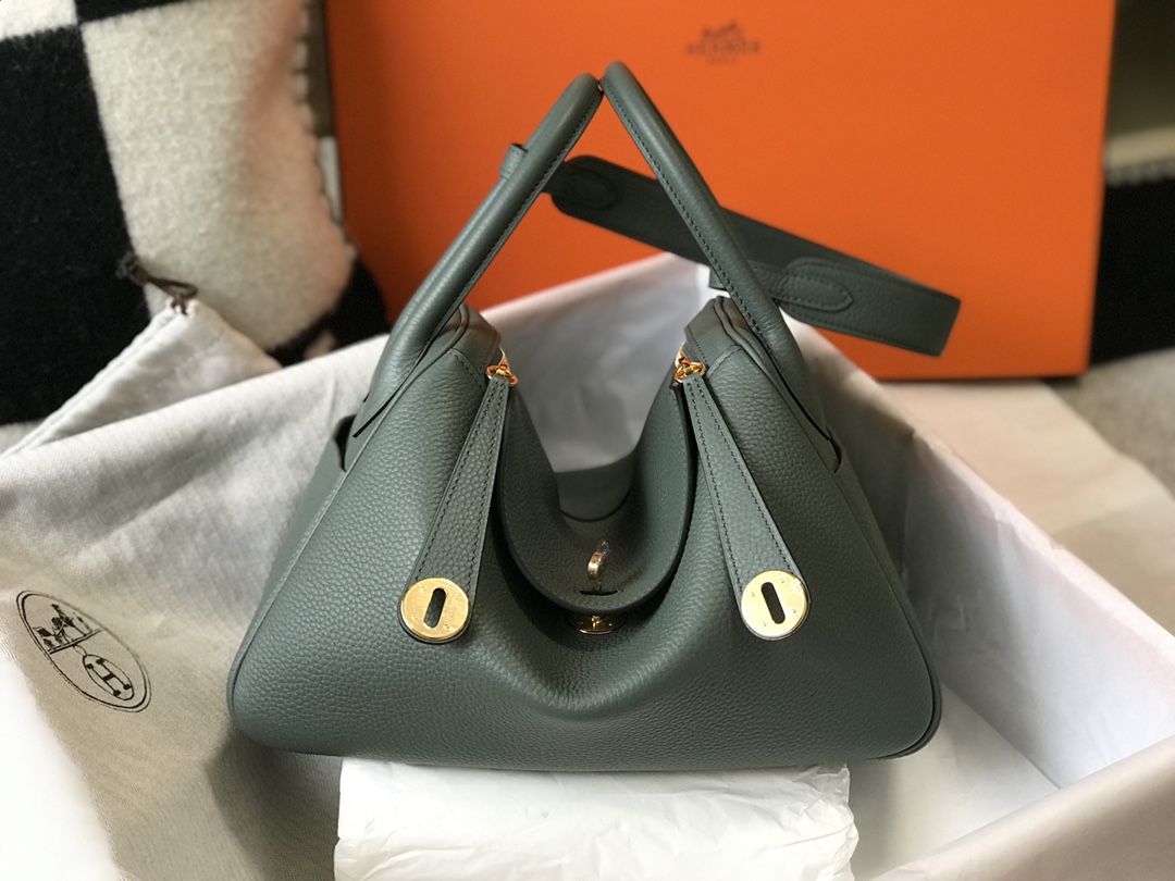 Original Copy Hermes Lindy Handbag Calfskin Dark Green with Gold and Sliver Hardware
