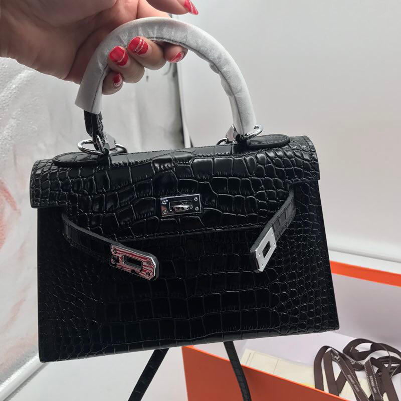 Hermes 22cm Kelly Bag Crocodile Stripe Handbag Black With Silver 