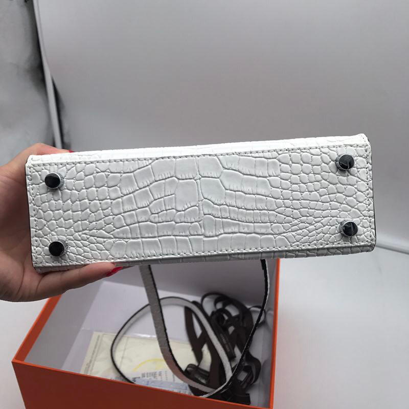 Hermes 22cm Kelly Bag Crocodile Stripe Handbag White With Silver 