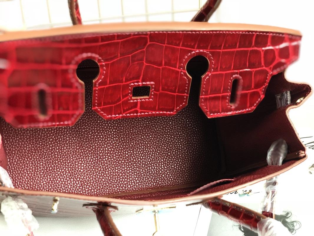 Original Copy Hermes Birkin 30cm 35cm Crocodile Head Stripe Handbags Red With Gold
