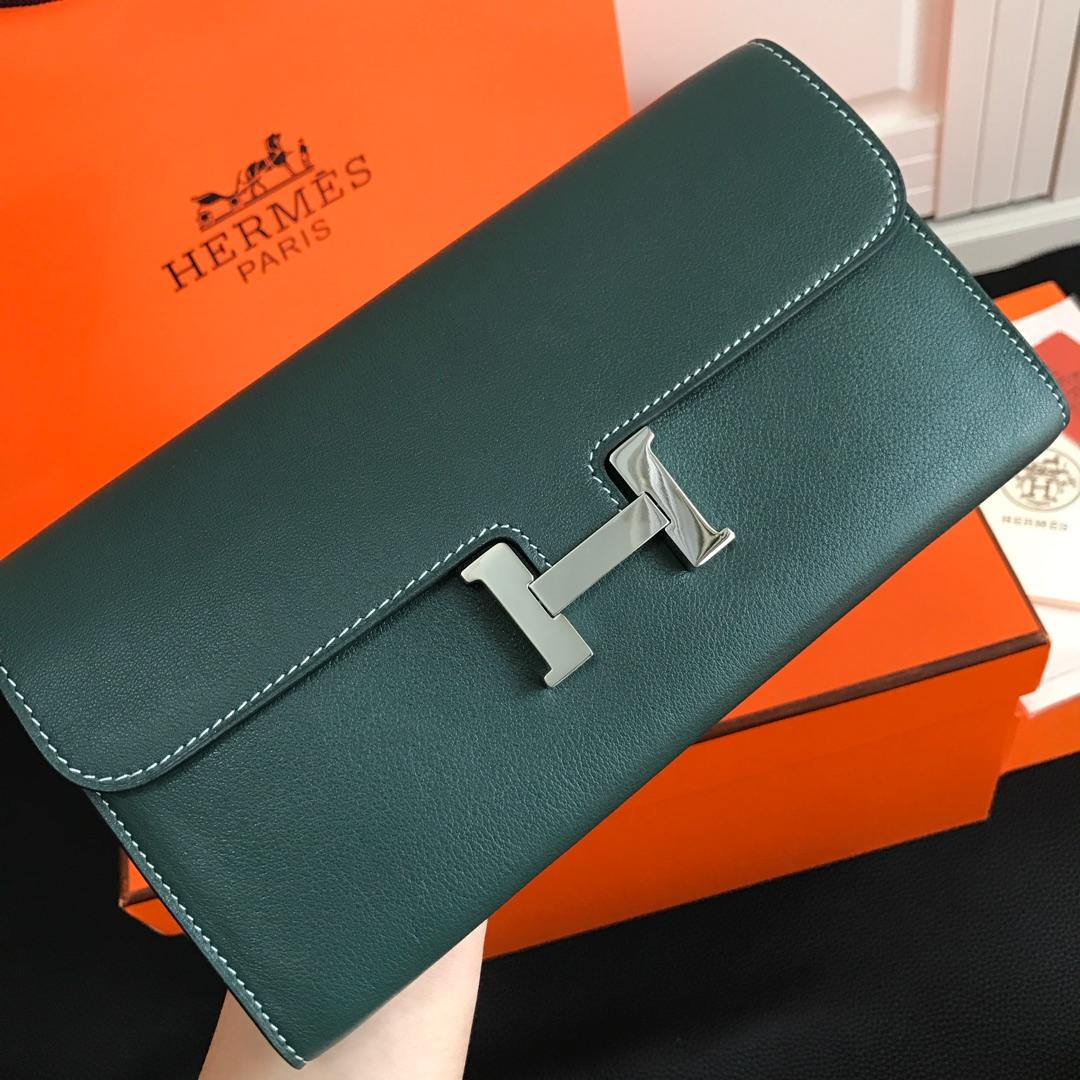 Top Replica HERMES Constance Long Wallet Gris Asphalt Epsom Blue with Silver-Tone Metal
