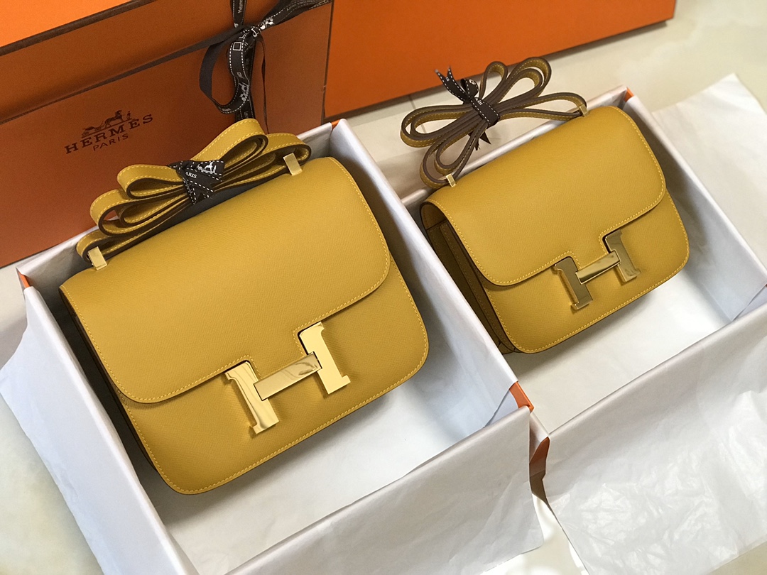 Replica Hermes Constance Bag Epsom Amber Lipstick Wiht Gold 19cm and 23cm