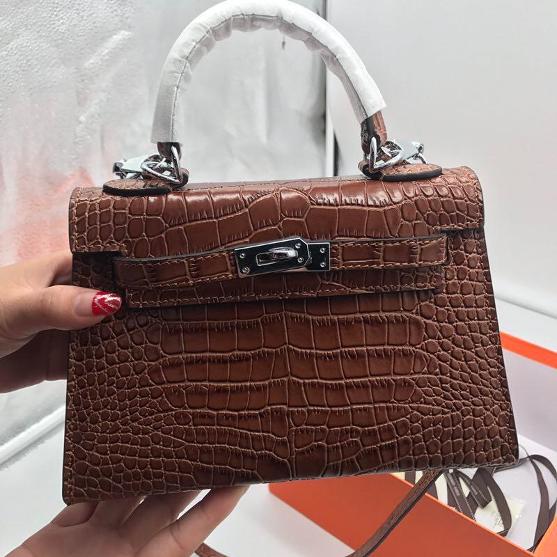 Hermes 22cm Kelly Bag Crocodile Stripe Handbag Coffee With Silver