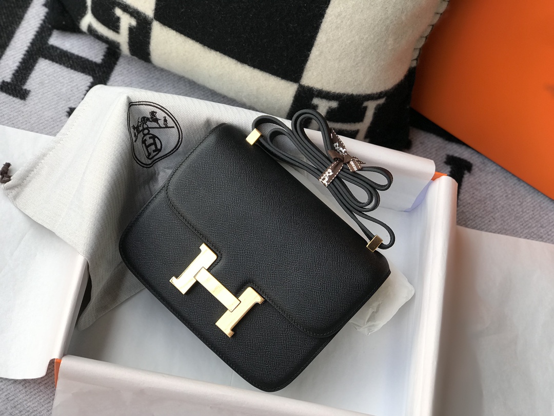 Replica Hermes Constance Bag Epsom Leather Black Wiht Gold 19cm and 23cm