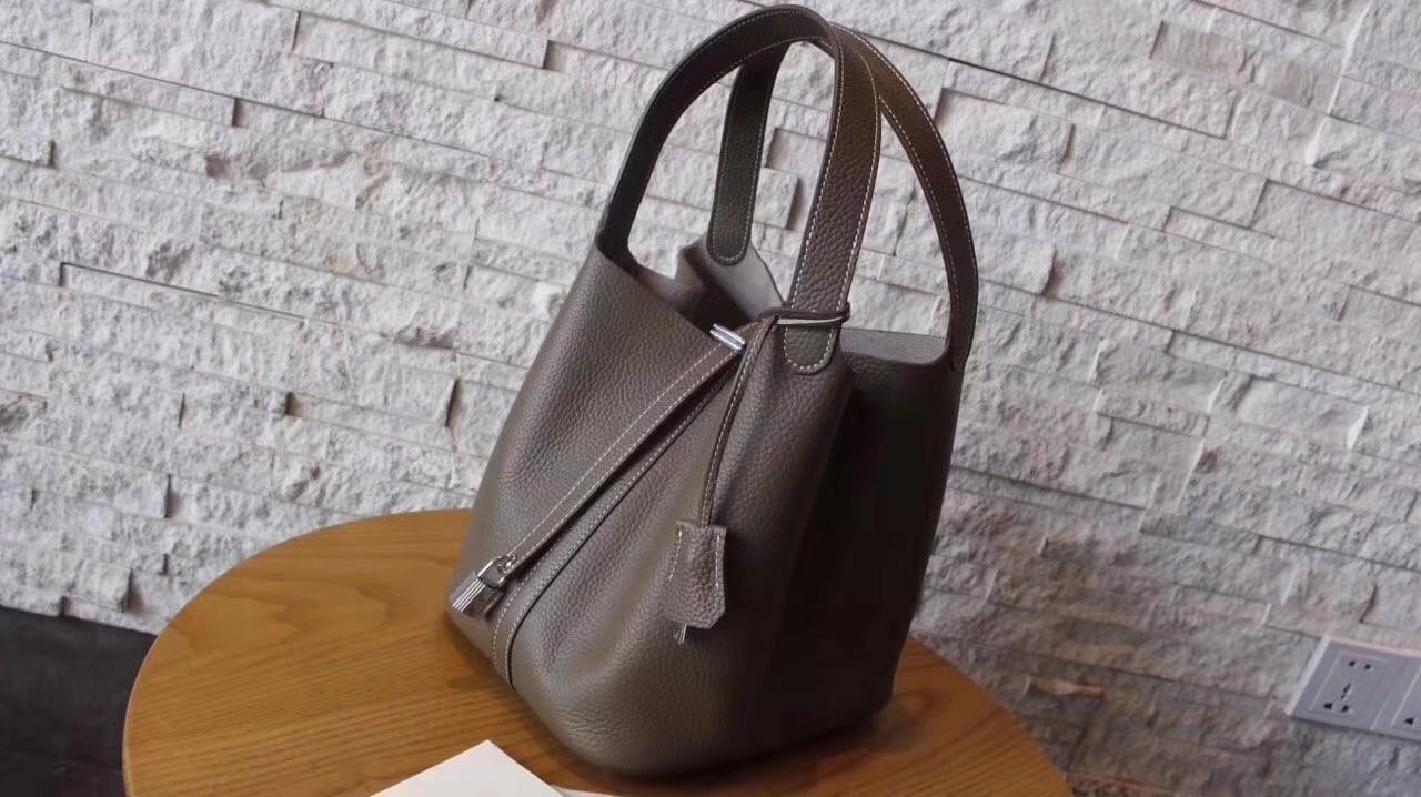 Hermes Picotin Lock Silver Leather Bag Grey