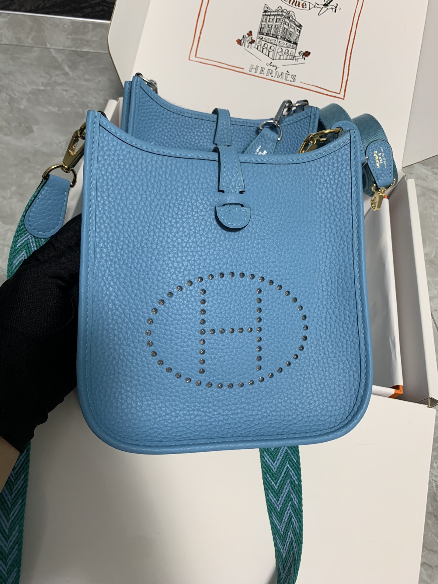 Replica Hermes Evelyne Mini Bag 17cm Original Togo Leather Light Blue-1