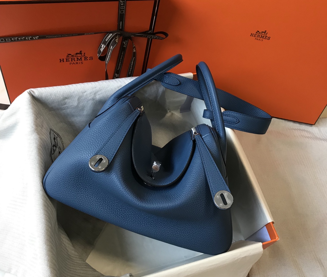 Original Copy Hermes Lindy Handbag Calfskin Blue-2 with Gold and Sliver Hardware