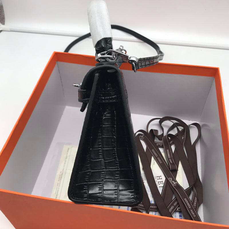 Hermes 22cm Kelly Bag Crocodile Stripe Handbag Black With Silver 