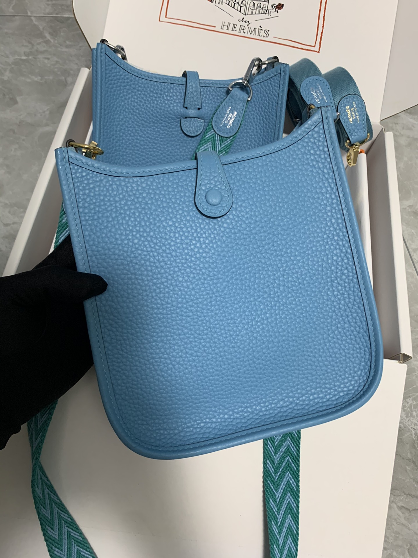 Replica Hermes Evelyne Mini Bag 17cm Original Togo Leather Light Blue-1