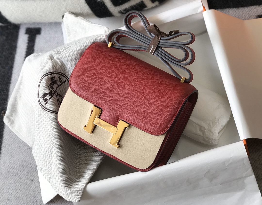 Replica Hermes Constance Bag Epsom Dark Red Lipstick Wiht Gold 19cm and 23cm