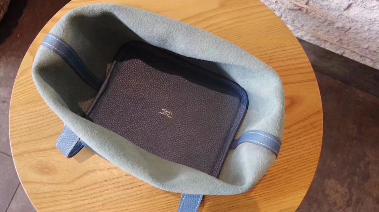 Hermes Picotin Lock Silver Leather Bag Light Blue