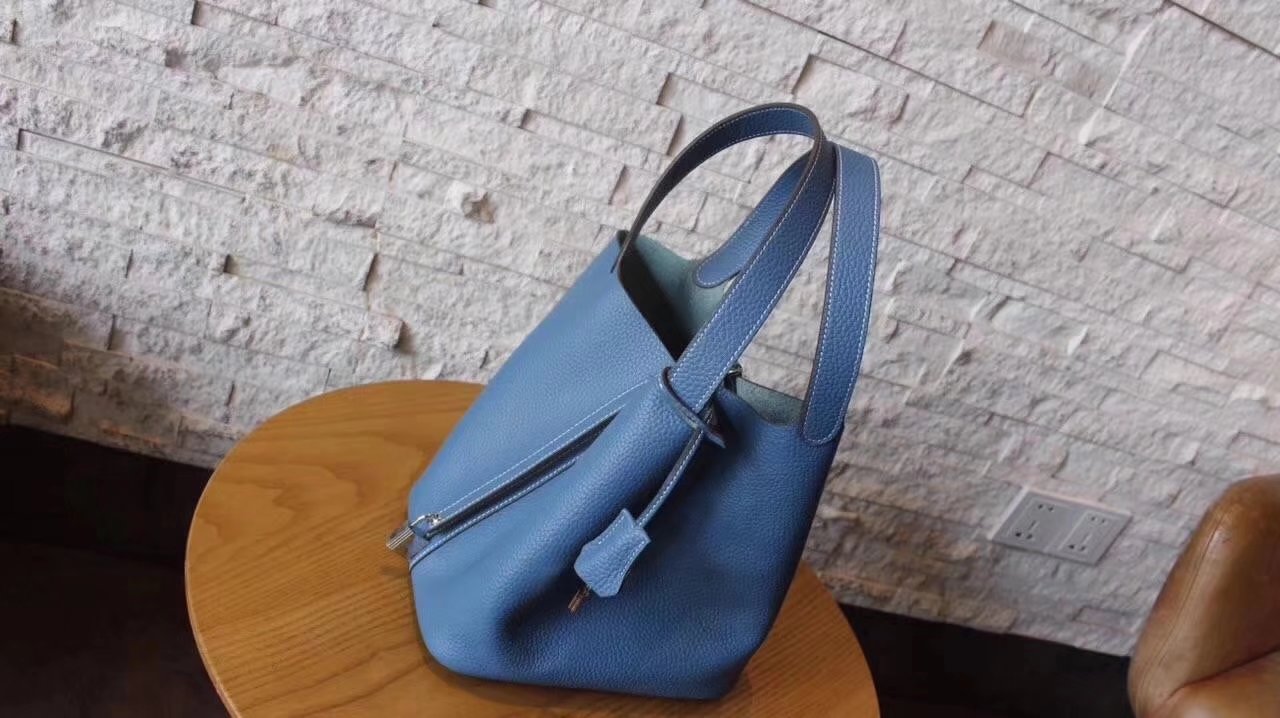 Hermes Picotin Lock Silver Leather Bag Light Blue