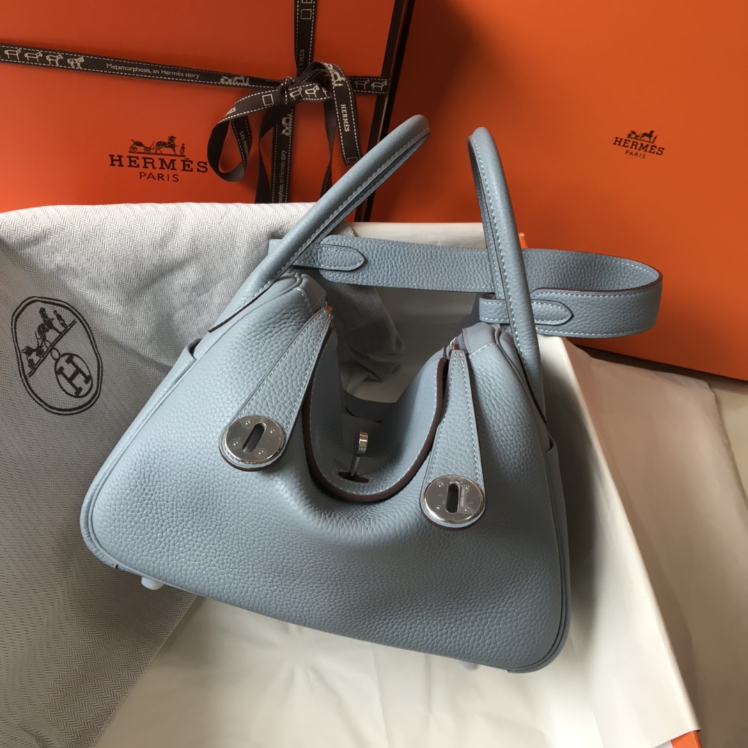 Original Copy Hermes Lindy Handbag Calfskin Light Blue with Gold and Sliver Hardware