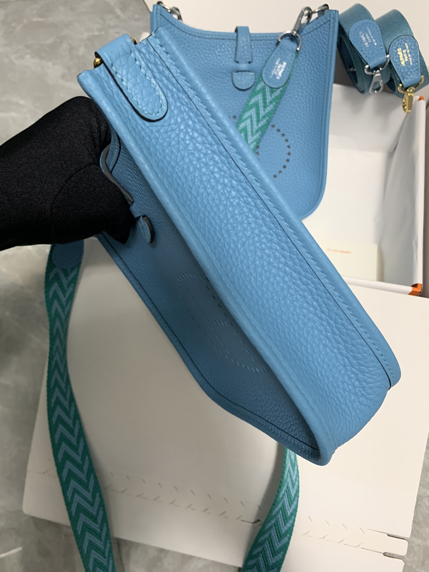 Replica Hermes Evelyne Mini Bag 17cm Original Togo Leather Light Blue-1