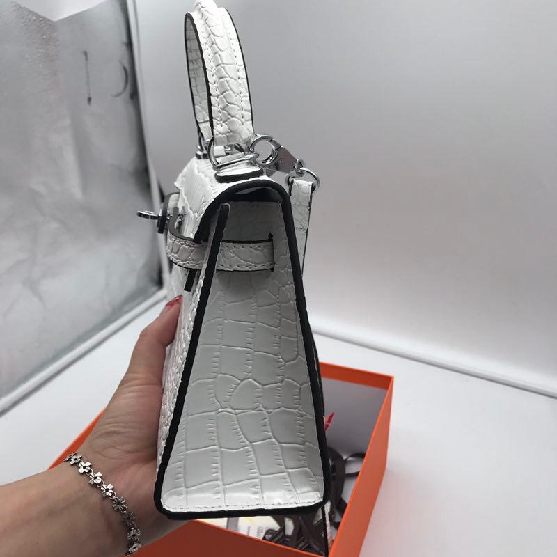 Hermes 22cm Kelly Bag Crocodile Stripe Handbag White With Silver 