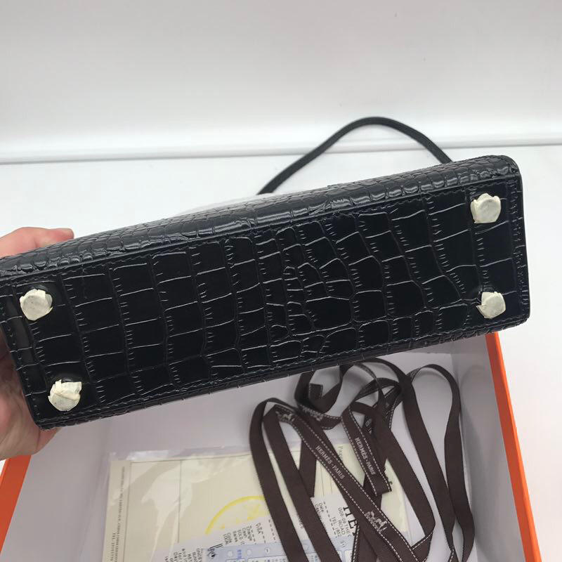 Hermes 22cm Kelly Bag Crocodile Stripe Handbag Black With Silver 