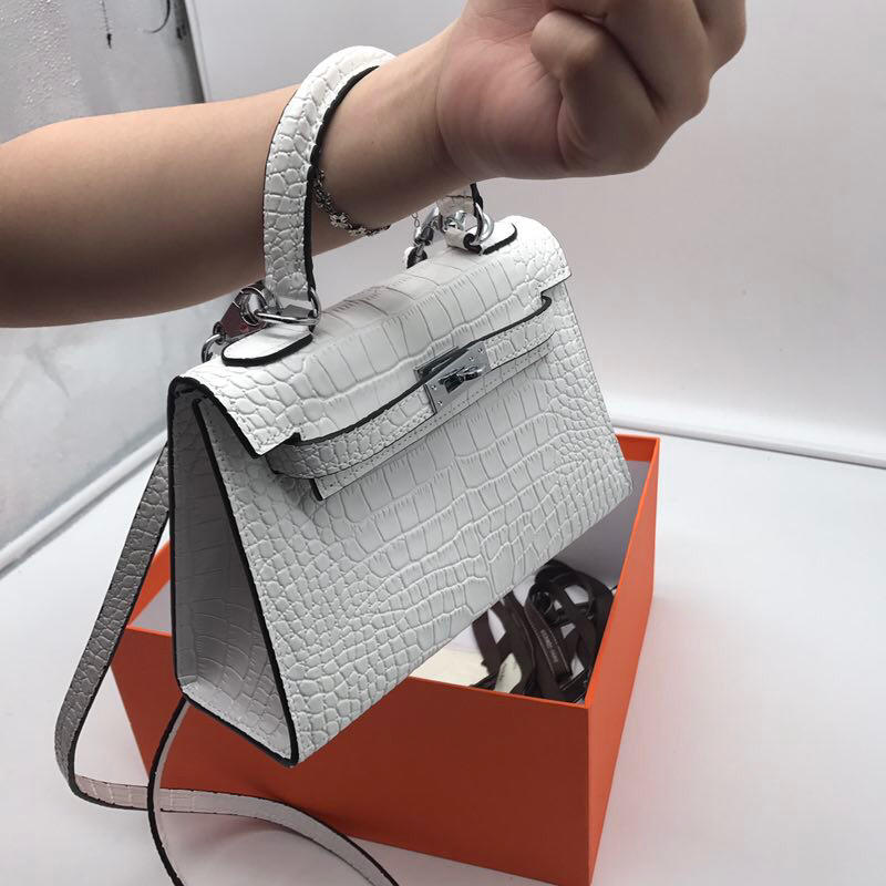 Hermes 22cm Kelly Bag Crocodile Stripe Handbag White With Silver 