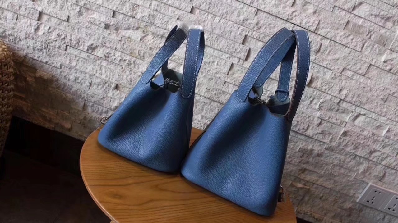 Hermes Picotin Lock Silver Leather Bag Light Blue