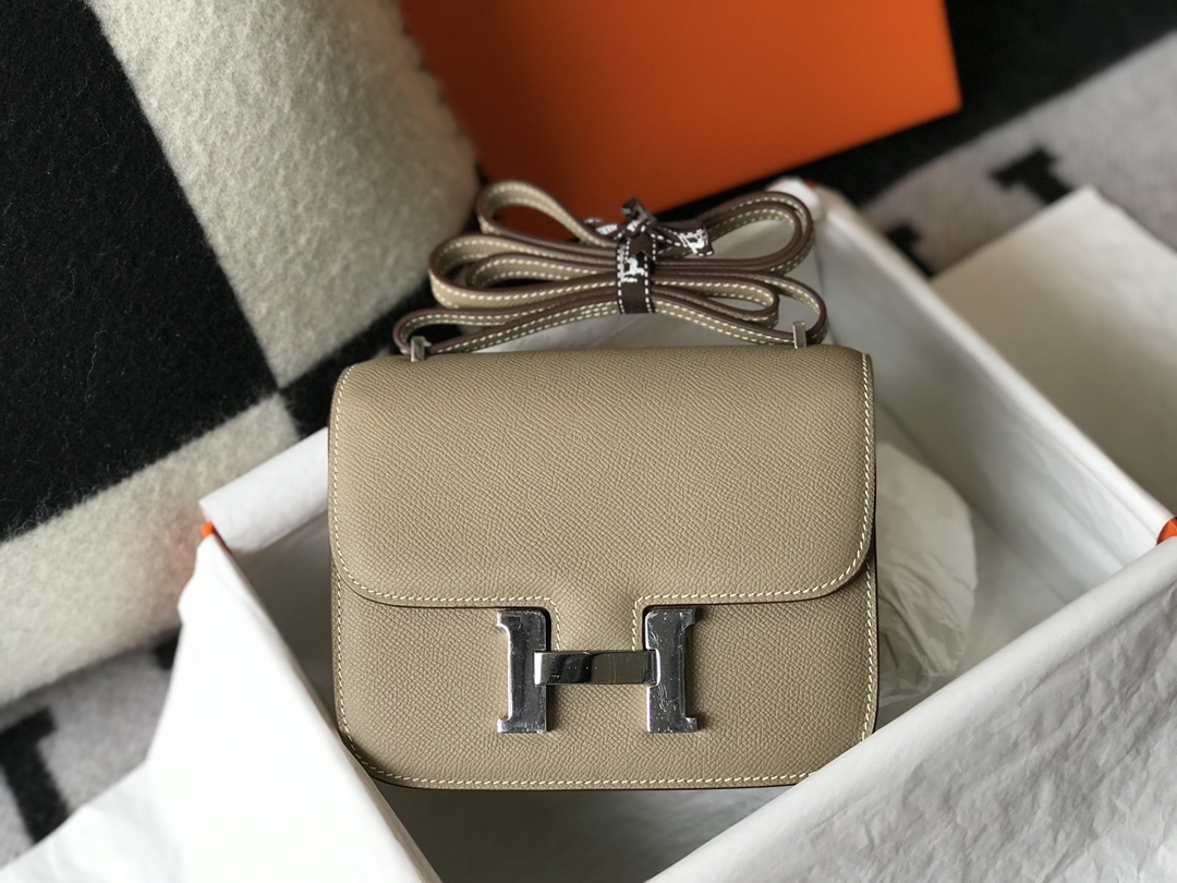 Replica Hermes Constance Bag Epsom Leather Light Gray Wiht White Gold 19cm and 23cm