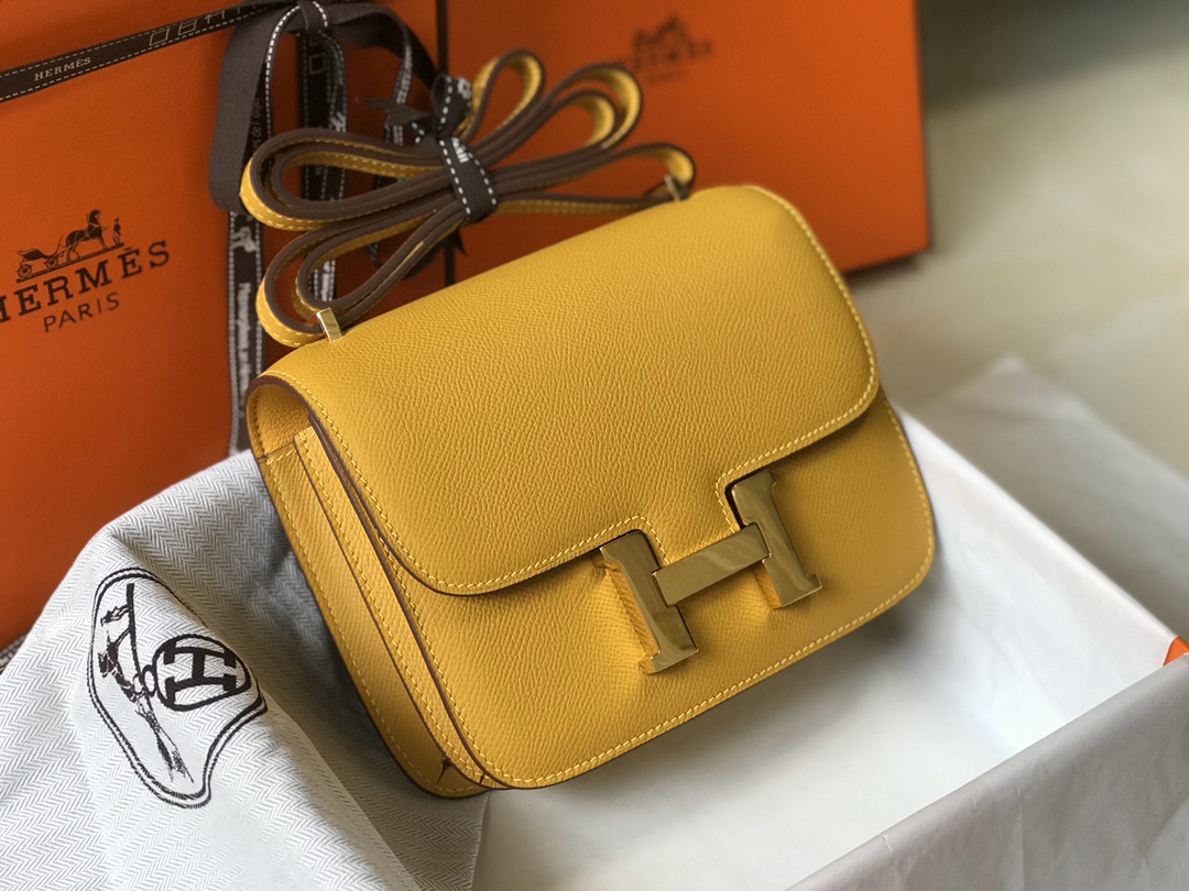 Replica Hermes Constance Bag Epsom Amber Lipstick Wiht Gold 19cm and 23cm